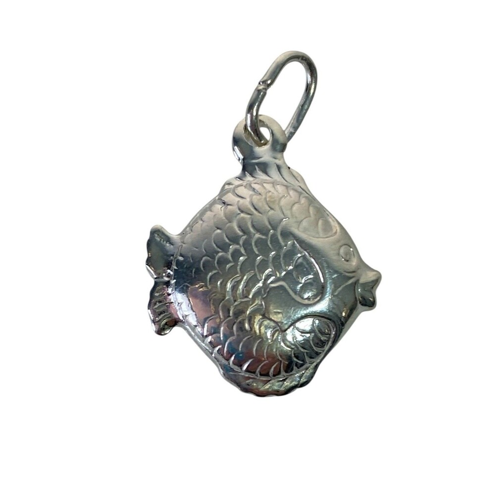 Sterling Silver Puffy Fish Pendant 3D Charm  .75 x .875  inches Tropical Beach